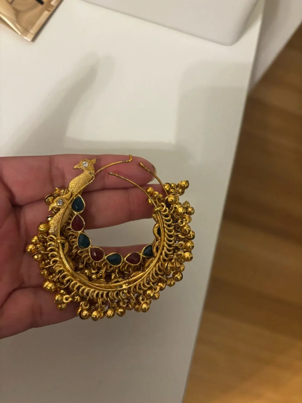 Gold-Tone Hoop Earrings with Red & Green Stone Accents missing stone